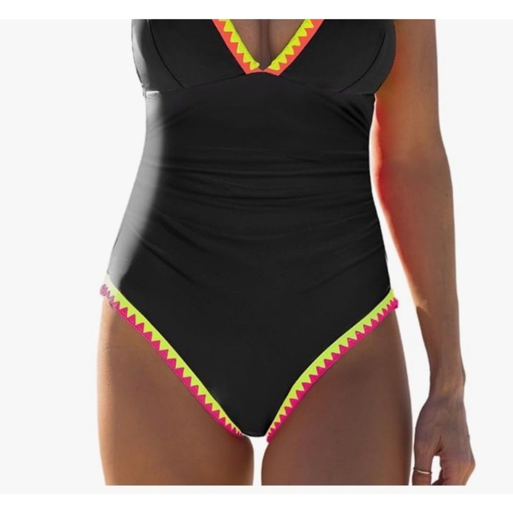 Popvil Black One Piece Swimsuit Neon Geometric Trim Ruched V-Neck NWT
